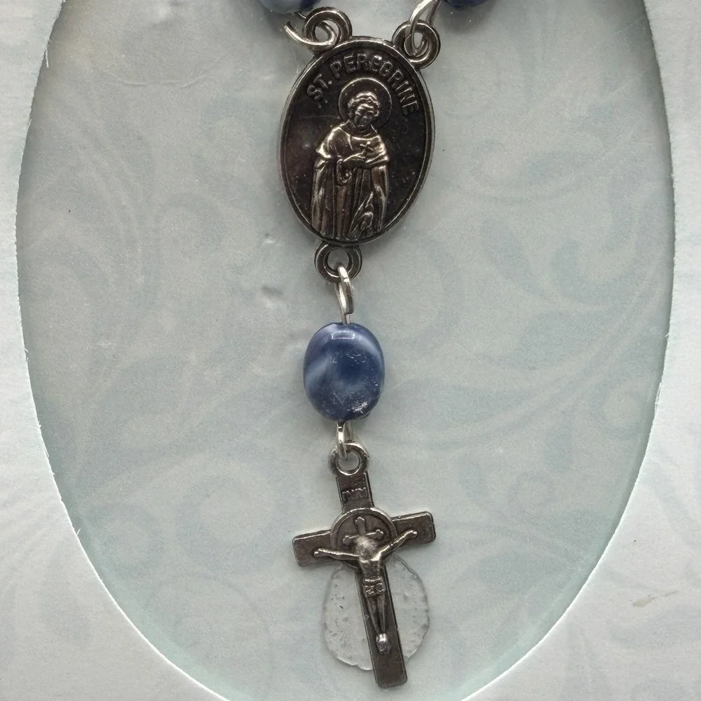 St Peregrine St Anthony Rosary Necklace Blue Beads Crucifix Catholic Prayer Gift